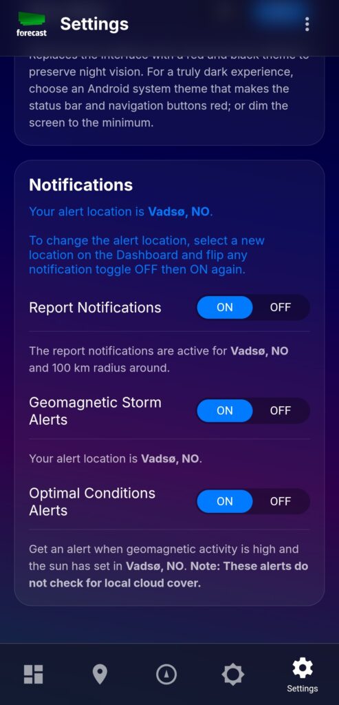 Aurora forecast app with notification alerts